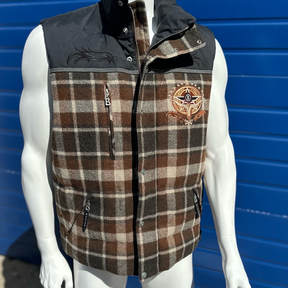 Vintage Bogner Goose Down Embroidered Vest Mens size 44  Bougie Lumberjack Plaid